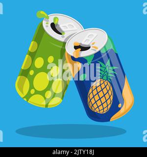 Shiny aluminum cans with soft drinks hit each other with a wish. Storing cocktails and soda in jar. Cartoon vector on blue background Stock Vector