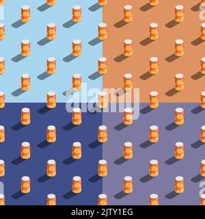 Set of seamless patterns with isometric aluminum can with orange drink. Ornament for decoration and printing on fabric. Design element. Vector Stock Vector