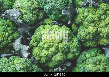 Fresh, ripe broccoli close-up. Healthy food. Top view, horizontal. Stock Photo