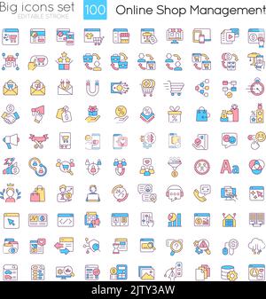 Online shop management RGB color icons set Stock Vector