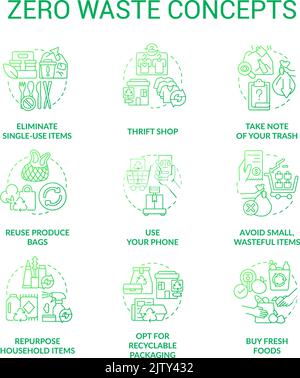 Zero waste green gradient concept icons set Stock Vector