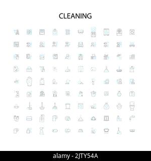 cleaning icons, signs, outline symbols, concept linear illustration line collection Stock Vector