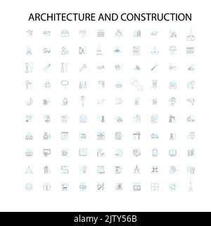architecture and construction icons, signs, outline symbols, concept linear illustration line collection Stock Vector