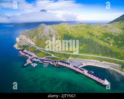 Aerial view of Offersoystraumen fjord near Skreda, Lofoten, Norway Stock Photo