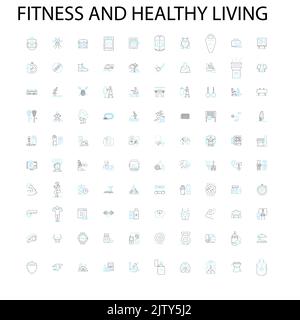 fitness and healthy living icons, signs, outline symbols, concept linear illustration line collection Stock Vector