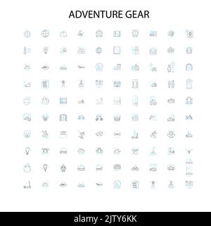 adventure gear icons, signs, outline symbols, concept linear illustration line collection Stock Vector