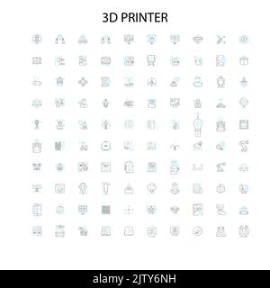 3d printer icons, signs, outline symbols, concept linear illustration line collection Stock Vector