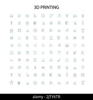 3d printing icons, signs, outline symbols, concept linear illustration line collection Stock Vector