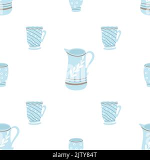 Blue painted porcelain jugs and cups seamless pattern. Continuous background with beautiful ceramic tableware. Print for textile, packaging, paper Stock Vector