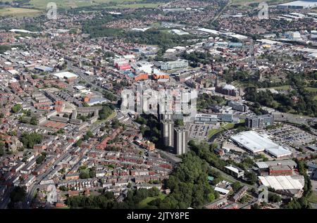 aerial view of Rochdale from the west looking east across the town centre, with the Asda supermarket prominent bottom right of the picture Stock Photo