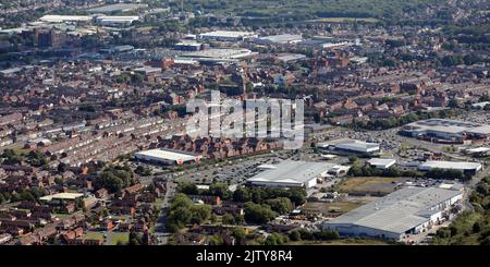 aerial view of Leigh in Lancashire, looking south towards the B&Q and Asda Leigh Supercentre Supermarket Stock Photo