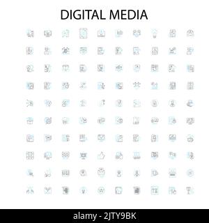 digital media icons, signs, outline symbols, concept linear illustration line collection Stock Vector