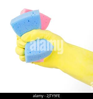 Gloved hand holding cleaning sponges isolated on white Stock Photo