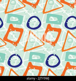 Fun tropical modern memphis style seamless vector pattern background. Backdrop with naive circles, triangles, squares and dots in orange, indigo, blue Stock Vector