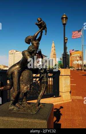 The sculpture Emancipation, by Preston Jackson, celebrates freedom and the end of slavery on Founders Bridge in Hartford Connecticut Stock Photo