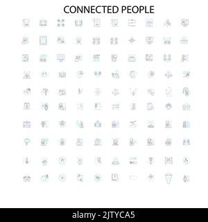 connected people icons, signs, outline symbols, concept linear illustration line collection Stock Vector