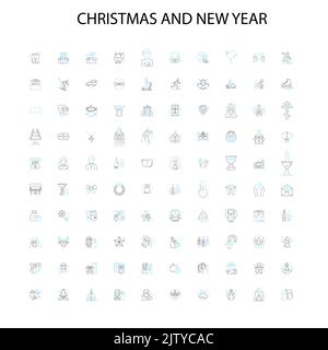 christmas and new year icons, signs, outline symbols, concept linear illustration line collection Stock Vector