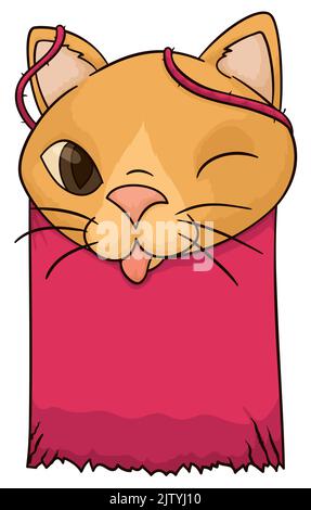 Mischievous cat face with its tongue out over ragged fabric and wool strings. Stock Vector