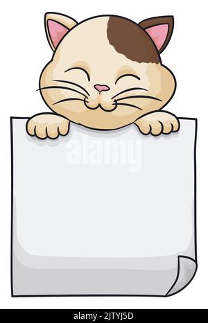 Cat with closed eyes and cute expression and paws over empty template sign, over white background. Stock Vector