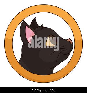 Cute black cat portrait inside a golden ring, isolated over white background. Stock Vector
