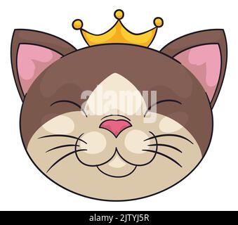 Smiling cat face with closed eyes and wearing proud a tiny crown, isolated over white background. Stock Vector