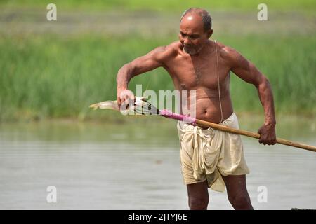 Nagaon. 2nd Sep, 2022. A man catches fish in a partially dried-up wetland at a village in Nagaon district of India's northeastern state of Assam, Sept. 2, 2022. Credit: Str/Xinhua/Alamy Live News Stock Photo