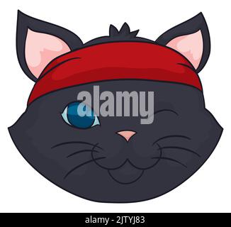 Face of black cat with blue eyes winking at you and wearing a red bandana. Stock Vector