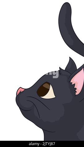 Design with tender black cat looking at the top with tail sticking out, over white background. Stock Vector
