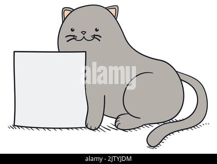 Template with happy and chubby cat next to empty sign with shadows in lines, over white background. Stock Vector