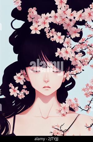 Illustrative drawing of a beautiful japanese girl anime. Ideal figure