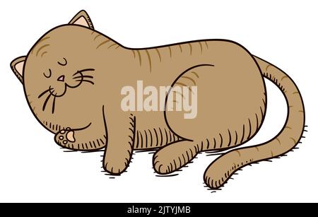 Cute and striped cat lying down and taking a nap, in hand drawn and cartoon style. Stock Vector