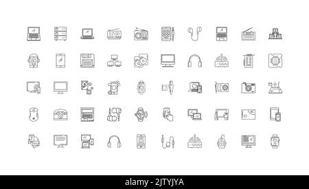 Gadgets concept illustration, linear icons, line signs set, vector collection Stock Vector