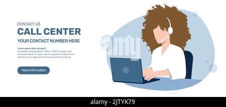 Contact center banner over white background. Business person with laptop. Vector template. Stock Vector