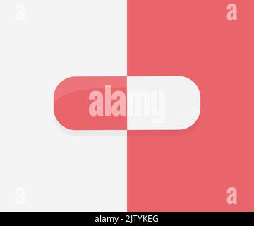 Red white capsules pills, minimalist concept, health, drugs, addictive, therapeutic logo design. Medicament painkillers, antibiotics, vitamins. Stock Vector