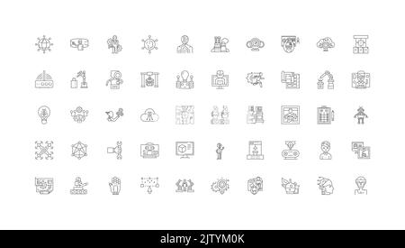 Future technologies concept illustration, linear icons, line signs set, vector collection Stock Vector