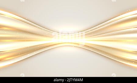 Abstract luxury 3D golden wave lines with lighting effect decoration elements on cream background. Vector illustration Stock Vector