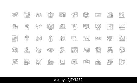 Geek nerds concept illustration, linear icons, line signs set, vector collection Stock Vector