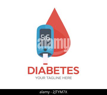 Diabetes, Glucose testing and Blood sugar logo design. Glucose meter, pills, insulin production. Diabetic glucose measuring device with border. Stock Vector