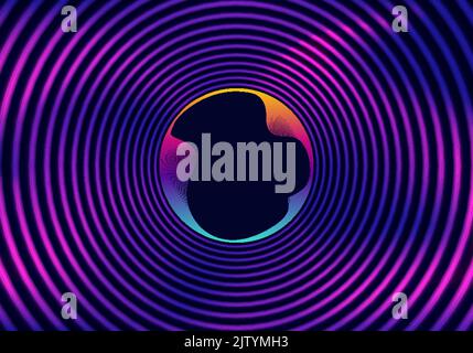 Abstract circles glowing neon color lighting round shape pattern with wavy dynamic lines technology concept. Vector illustration Stock Vector