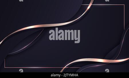Abstract 3D luxury purple color wave lines with shiny pink gold curved line decoration and frame glitter lighting on gradient dark background. Vector Stock Vector