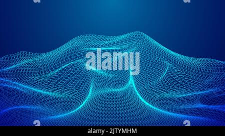 Abstract 3D cyber technology futuristic wireframe terrain grid landscape blue background. Vector illustration Stock Vector
