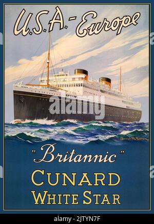 CUNARD BRITANNIC Vintage 1930’s Cruise Ship Ocean Liner Cunard ‘Brittanic’ White Star Line USA-Europe MV Brittanic Cunard Ocean Liner under White Star Flag USA-Europe Stock Photo