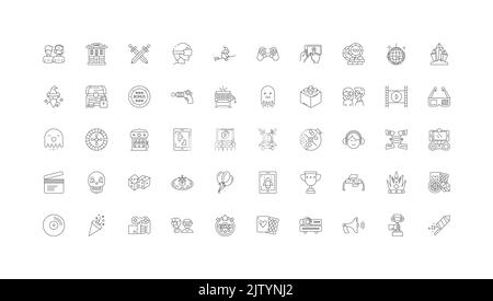 Gaming concept illustration, linear icons, line signs set, vector collection Stock Vector