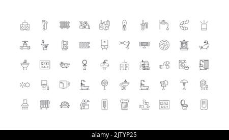 Heating,plumbing,ventilation ideas, linear icons, line signs set, vector collection Stock Vector