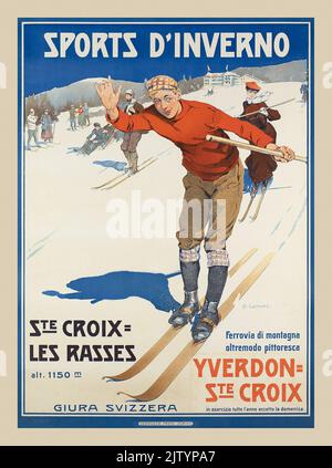 Vintage Skiing Poster 1900s Travel Sport Style Fashion Sports d'Inverno, Ste Croix Les Rasses, Yverdon - Ste Croix by Edouard Elzingre 1905 Stock Photo