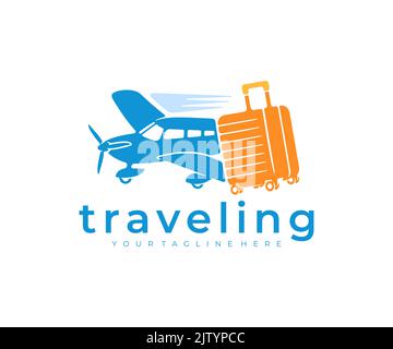 Airplane with suitcase, travel, aircraft or plane, logo design. Air travel, flights, traveling, aviation and airport, vector design and illustration Stock Vector