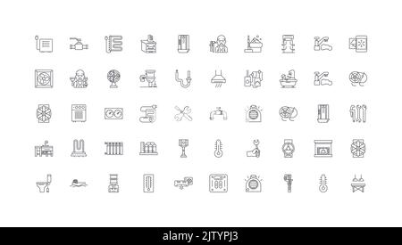 Heating,plumbing,ventilation concept illustration, linear icons, line signs set, vector collection Stock Vector