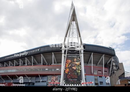 Cardiff, Wales, UK. 2nd Sep, 2022. The Principality Stadium with branding for the WWE Clash At The Castle wrestling event on 3 September. Credit: Mark Hawkins/Alamy Live News Stock Photo