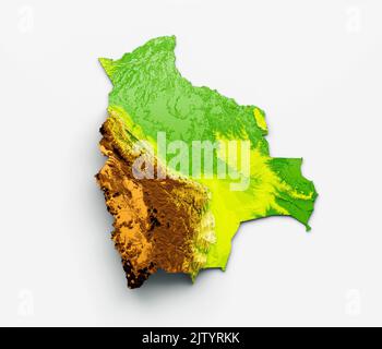A 3d illustration of Bolivia Map Shaded relief Color Height map isolated on white Background Stock Photo