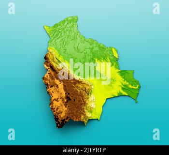 A 3d illustration of Bolivia Map Shaded relief Color Height map isolated on blue Background Stock Photo